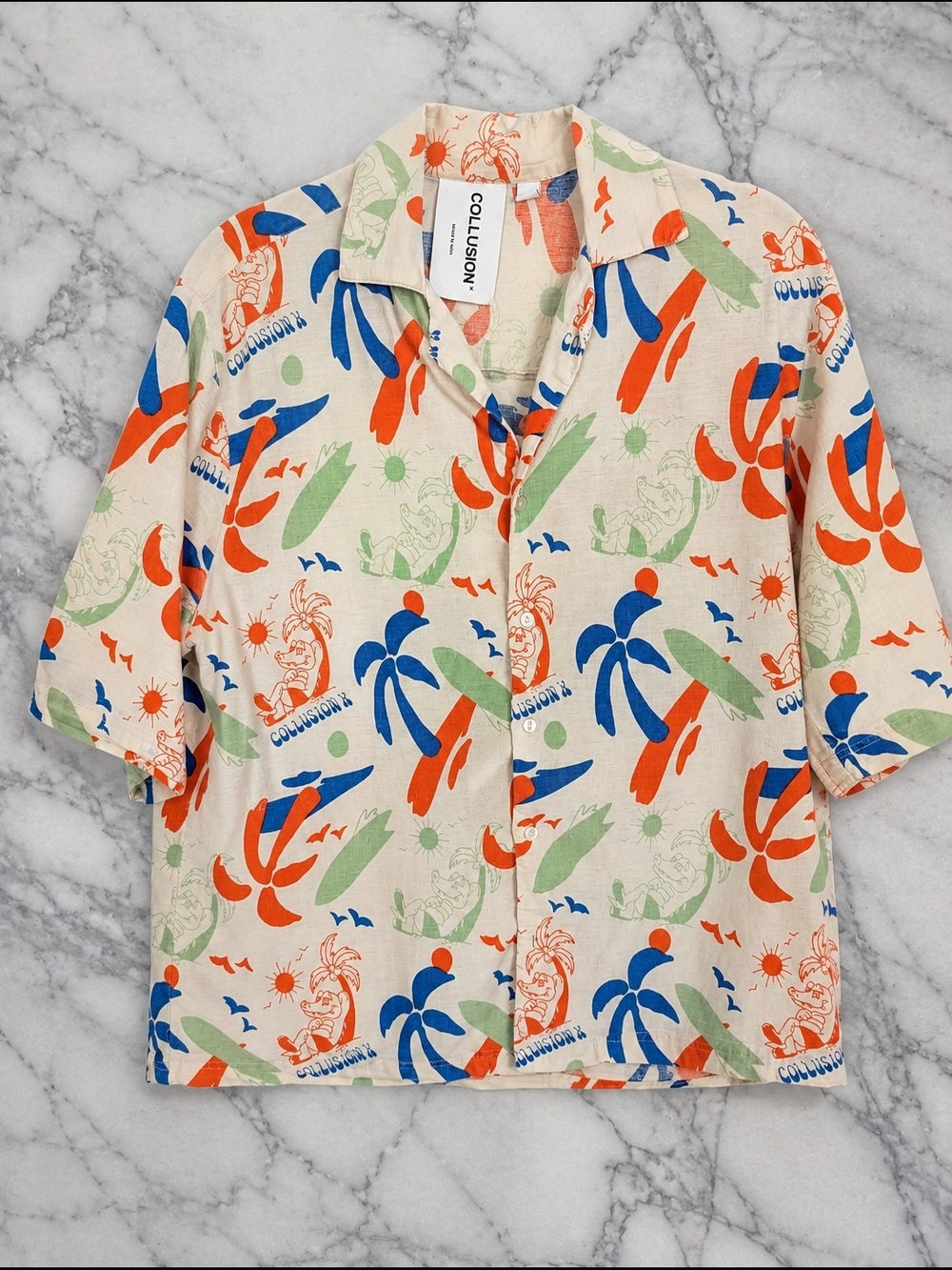 Collusion Tropical Print Camp Shirt Cotton Linen Blend Button Up Medium